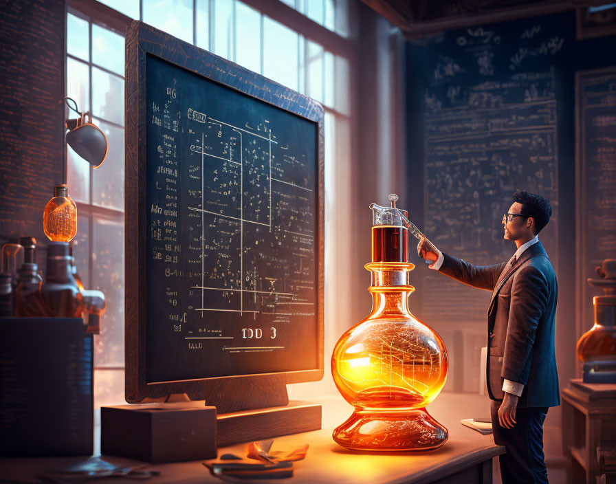 Scientist in lab with glowing flask and chemical formulas on blackboard