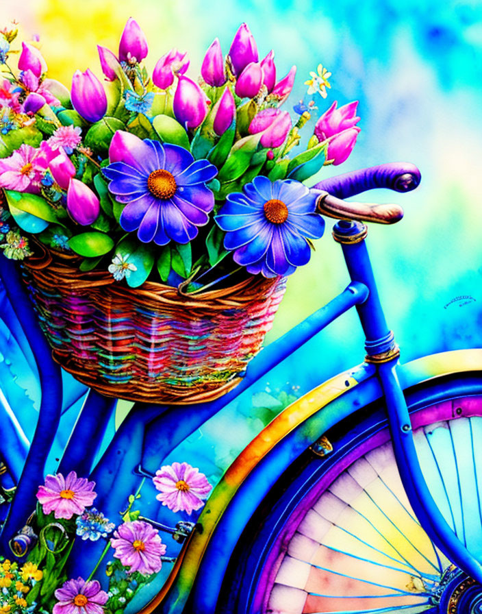 Colorful Bicycle Illustration with Flower Basket on Rainbow Background