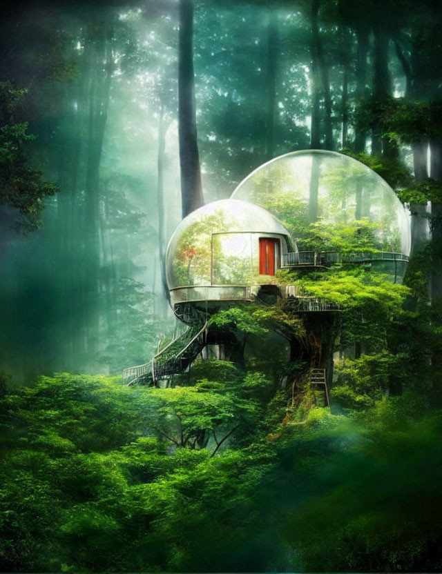 Futuristic bubble house in lush forest with sunlight filtering through trees