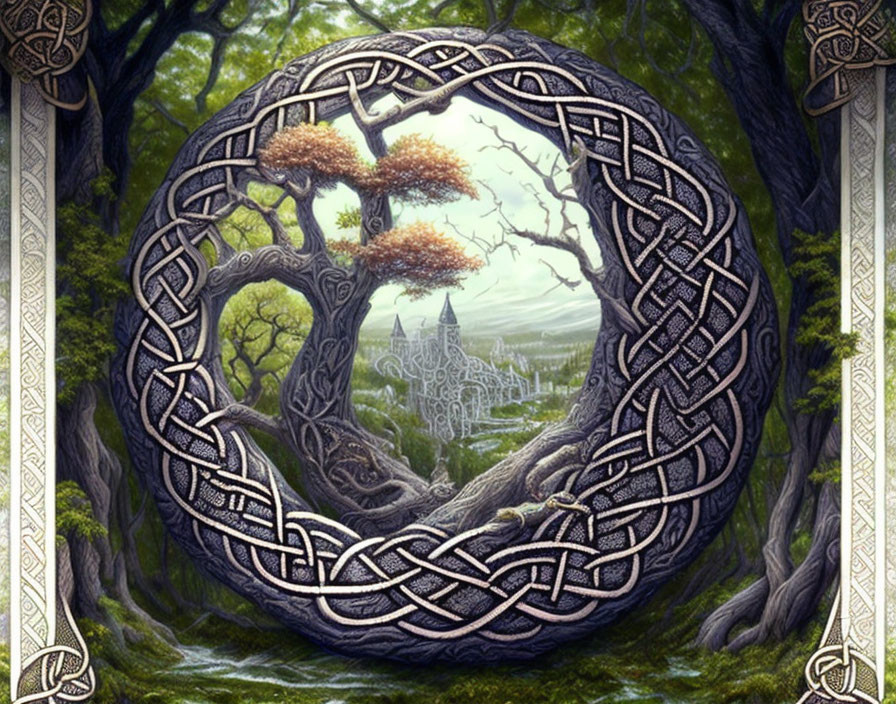 Circular Celtic Knotwork Surrounds Enchanted Forest Scene