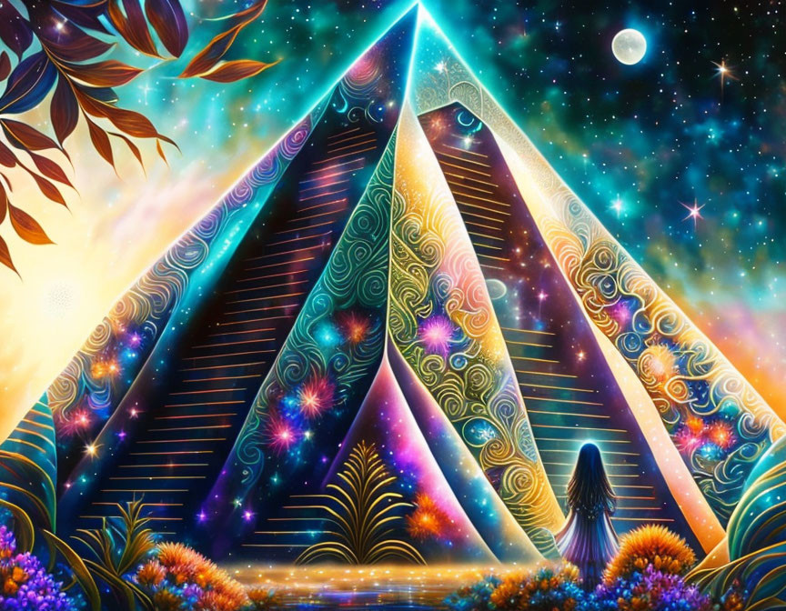 Colorful artwork featuring mystical pyramid, cosmic patterns, starry sky, foliage, and silhouette.