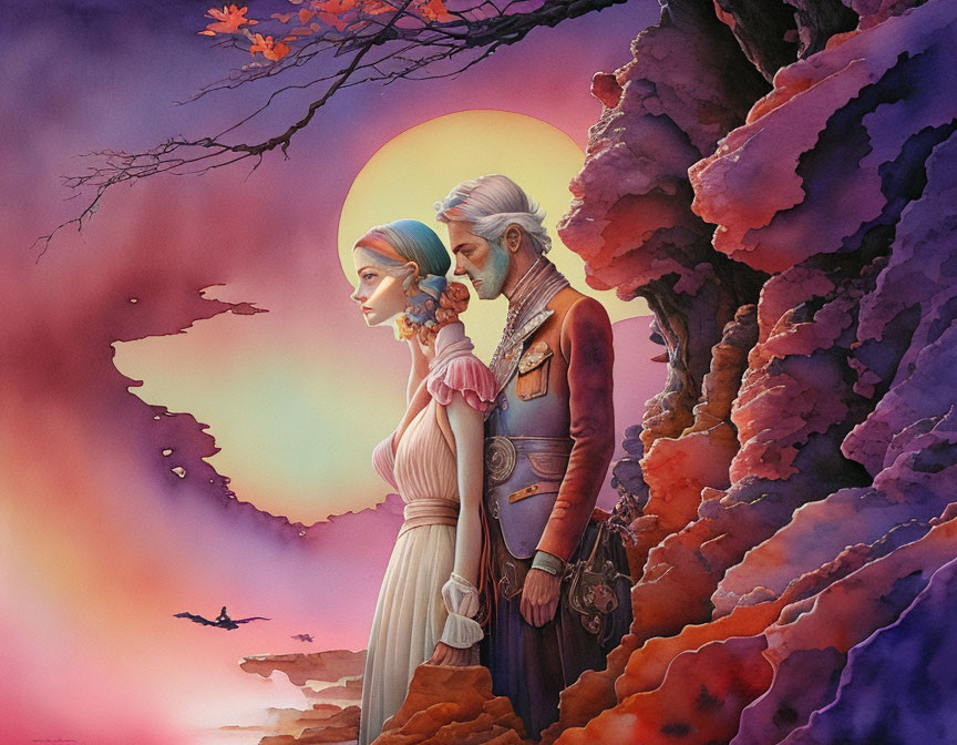 Ethereal couple in regal attire amid vibrant cliffs at sunset