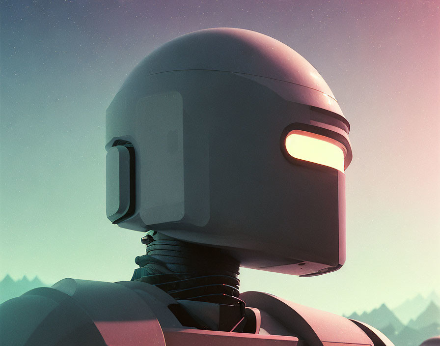 Futuristic robot head with glowing red eyes against twilight mountain.