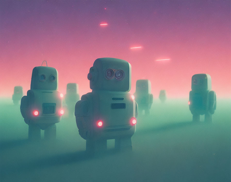 Vintage-style robots with glowing red lights in pinkish-purple environment