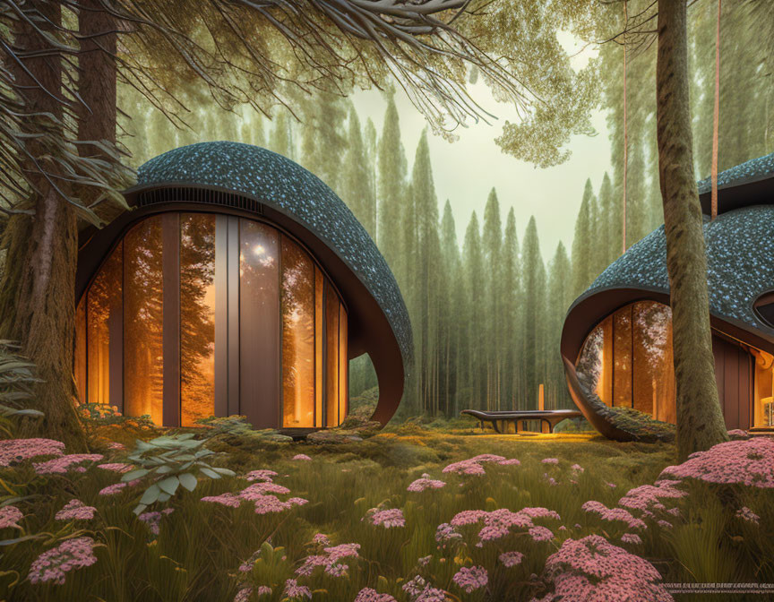 Dome-shaped cabins in forest with large windows & pink flowers