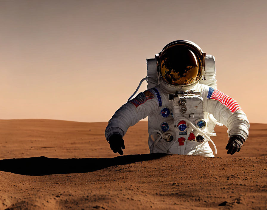 Astronaut in reflective visor explores rocky Mars-like terrain