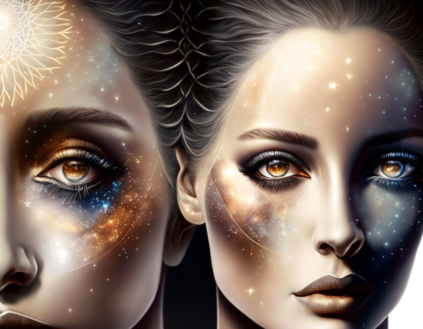 Cosmic-themed digital artwork of a woman with stars, galaxies, and a dandelion motif.