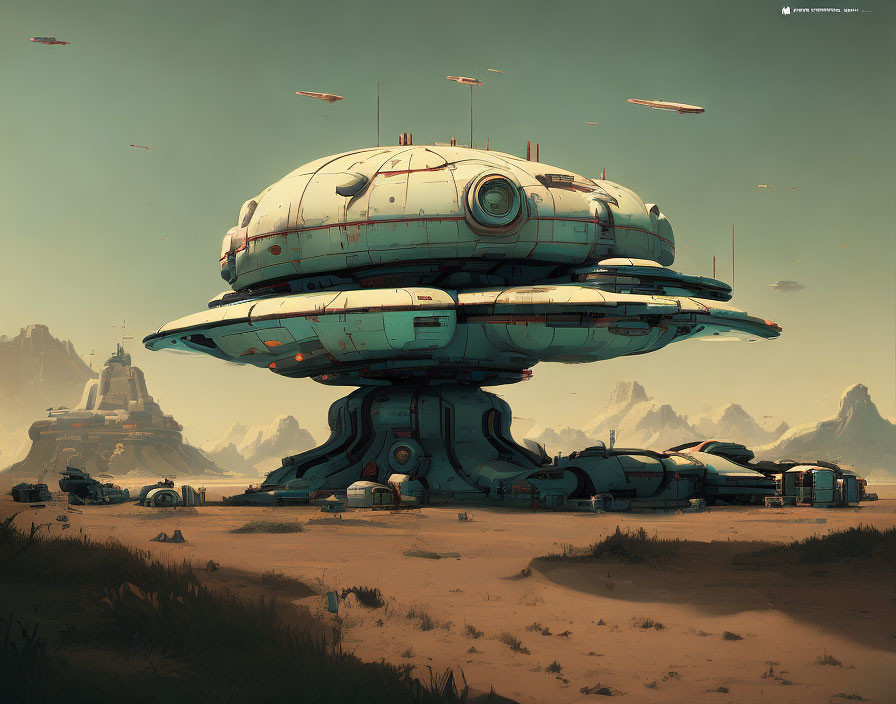 Futuristic desert landscape with saucer-shaped building & vehicles