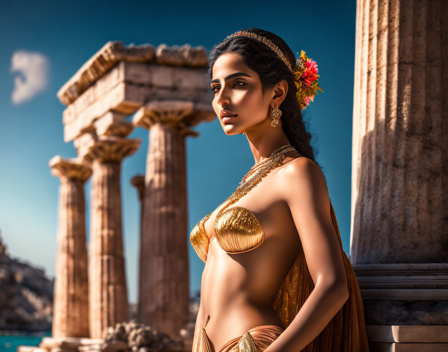 Ancient Greek-themed woman with gold accessories near classical columns