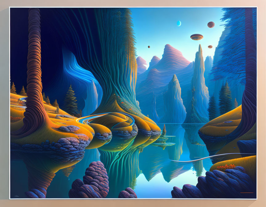 Alien landscape with rock formations, waterways, and orbs in digital artwork