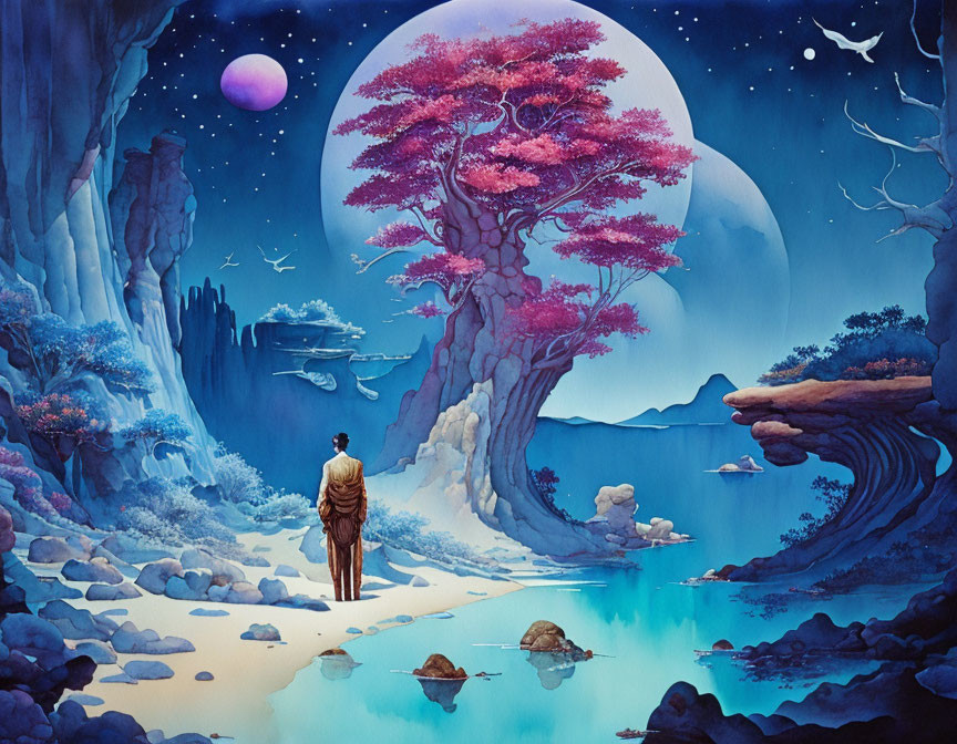 Person admiring fantastical moonlit landscape with pink tree and starry sky