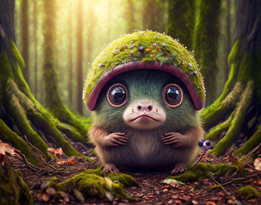 Fantastical creature with large eyes in moss-covered shell in enchanted forest