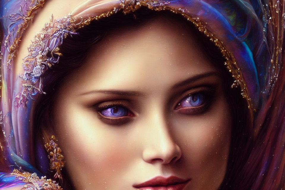 Detailed Close-up of Woman with Striking Blue Eyes and Ornate Headpiece