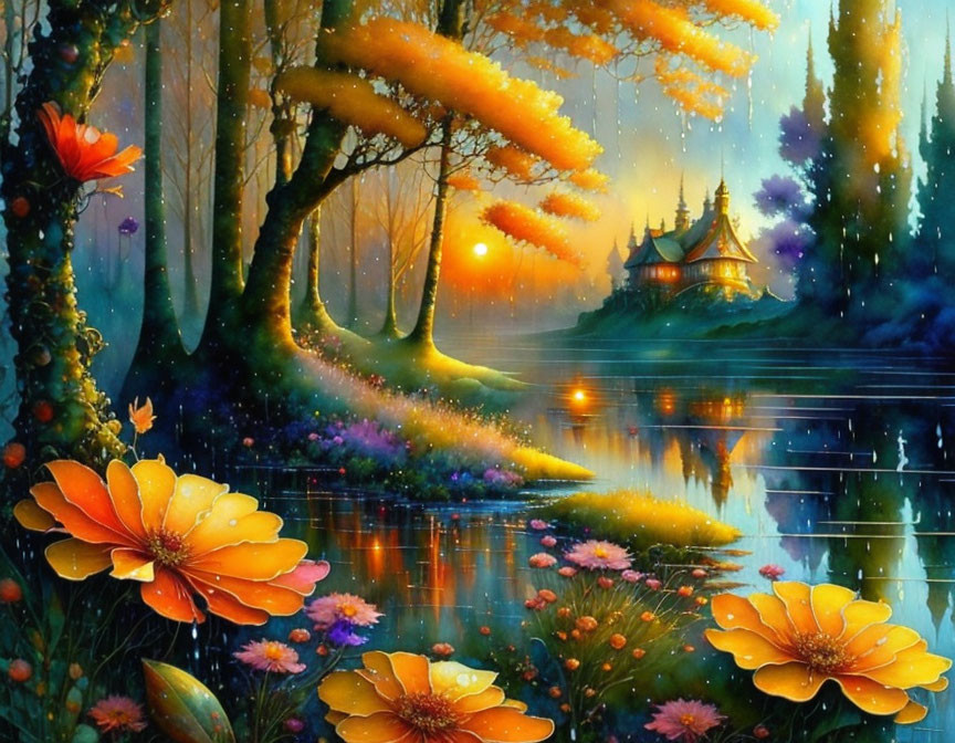 Twilight scene with orange flowers, reflective lake, and colorful forest house