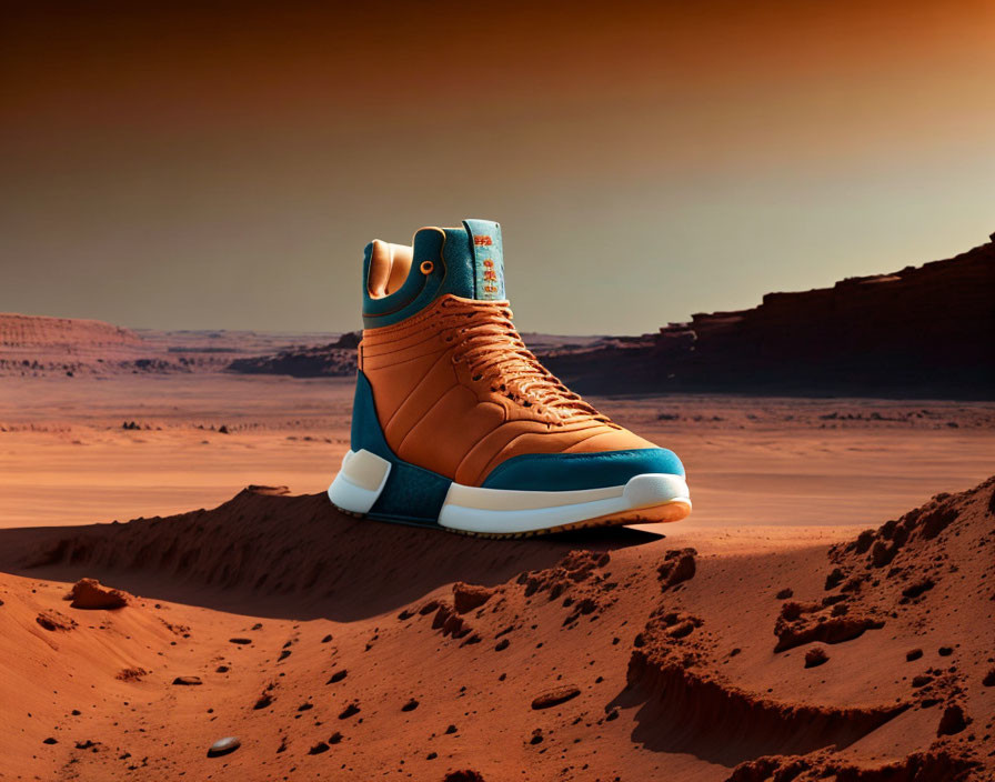 Orange and Blue High-Top Sneaker on Red Martian Landscape