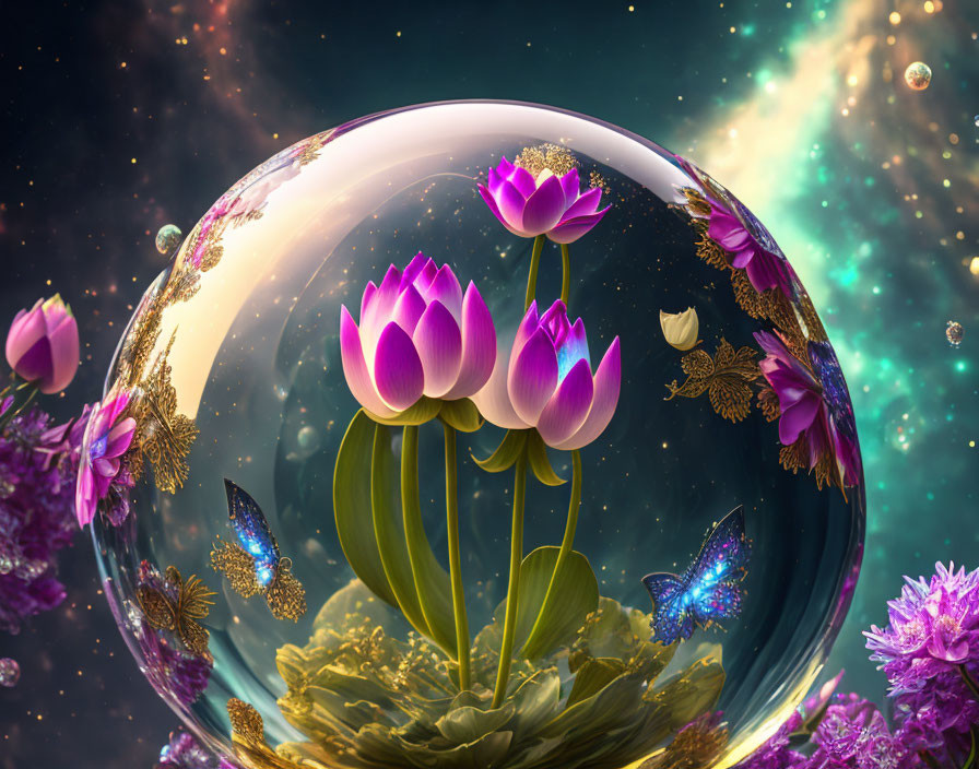 Purple Lotus Flowers Encased in Translucent Bubble on Cosmic Background