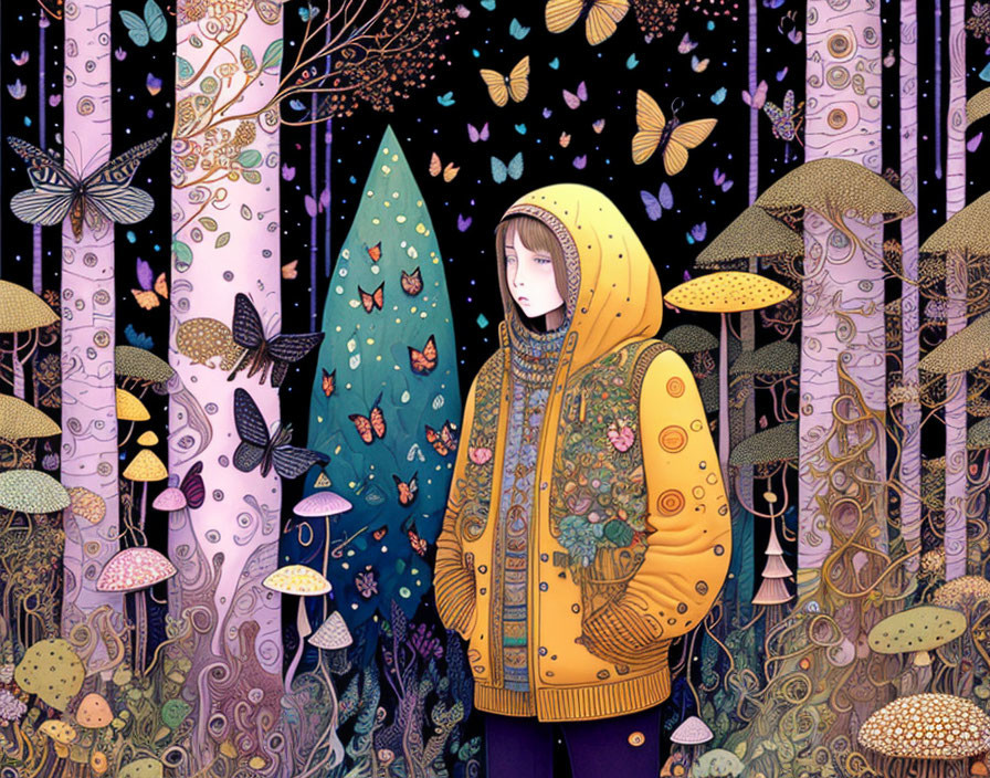 Person in Yellow Hoodie Surrounded by Colorful Forest Scene