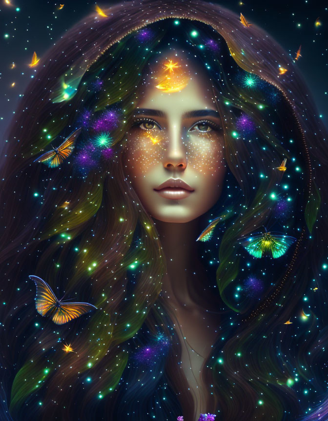 Digital artwork: Woman with galaxy hair, stars, glowing butterflies on cosmic background