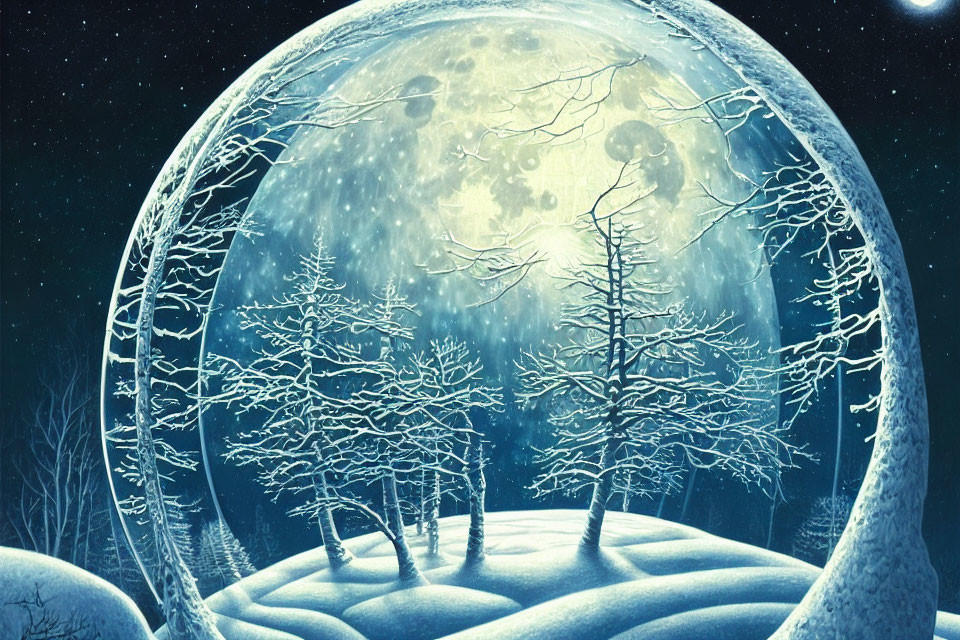 Snow-covered wintry forest scene under full moon in a transparent sphere