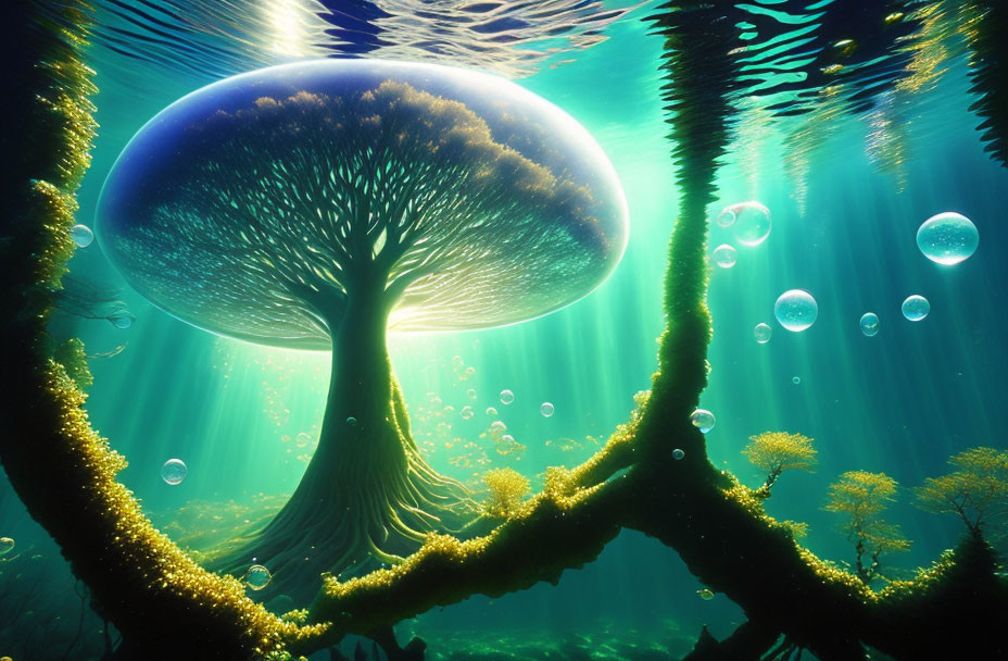 Surreal underwater scene with tree-like structure and beams of light.