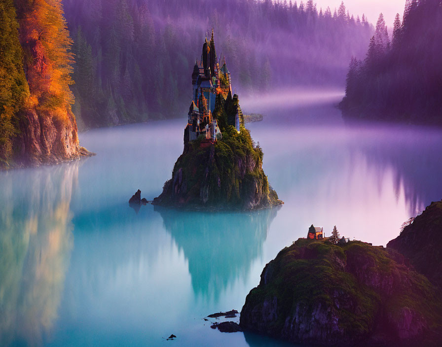 Fairytale castle on misty forested island at twilight