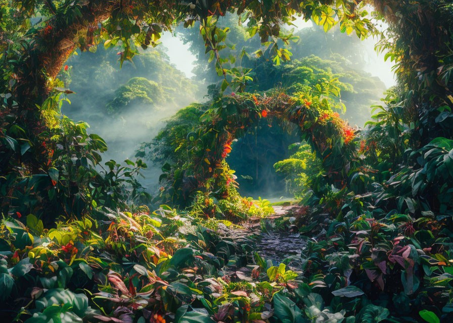 Tranquil forest landscape with sunlight, mist, natural archway, greenery, and red flowers