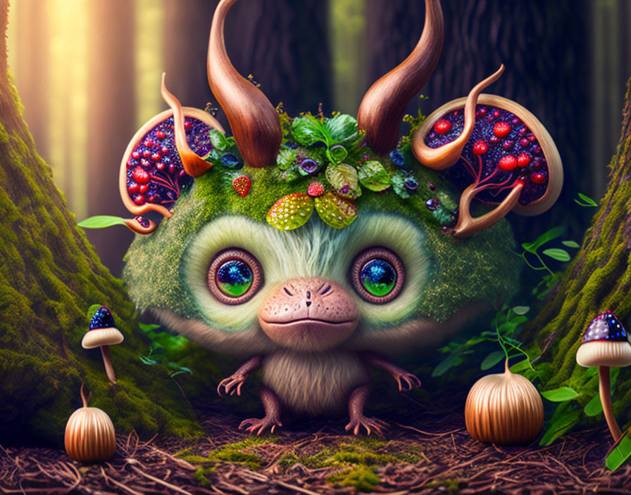 Mystical forest spirit with large eyes and horns in a whimsical setting