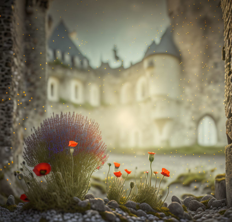 Vibrant sea anemone plant, poppies, lights, and castle in dreamy scene