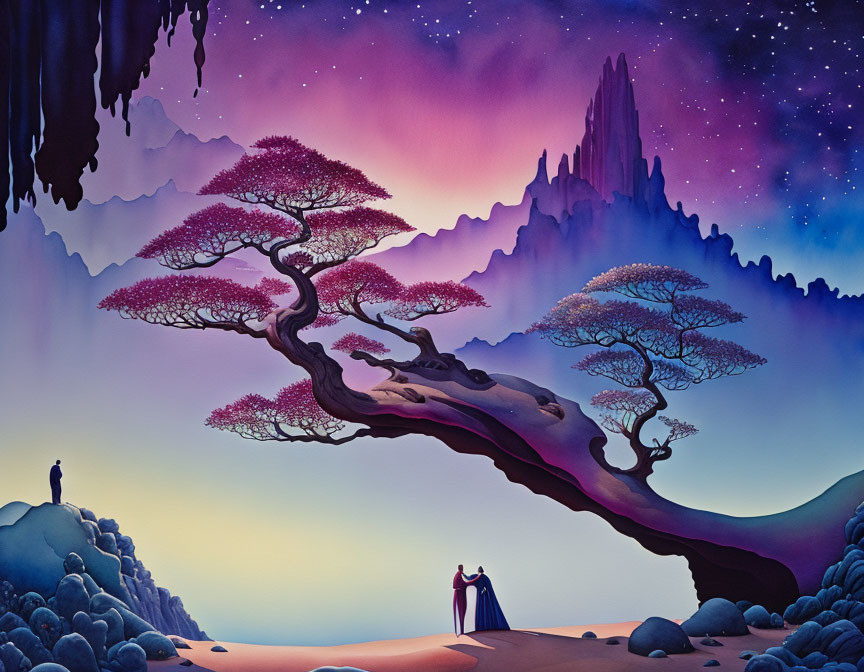 Person under surreal purple sky with whimsical trees and rock formation