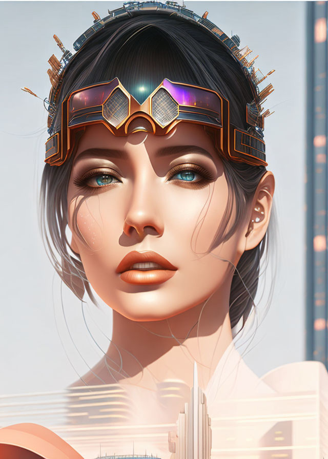 Futuristic digital artwork of woman with blue eyes and glossy lips