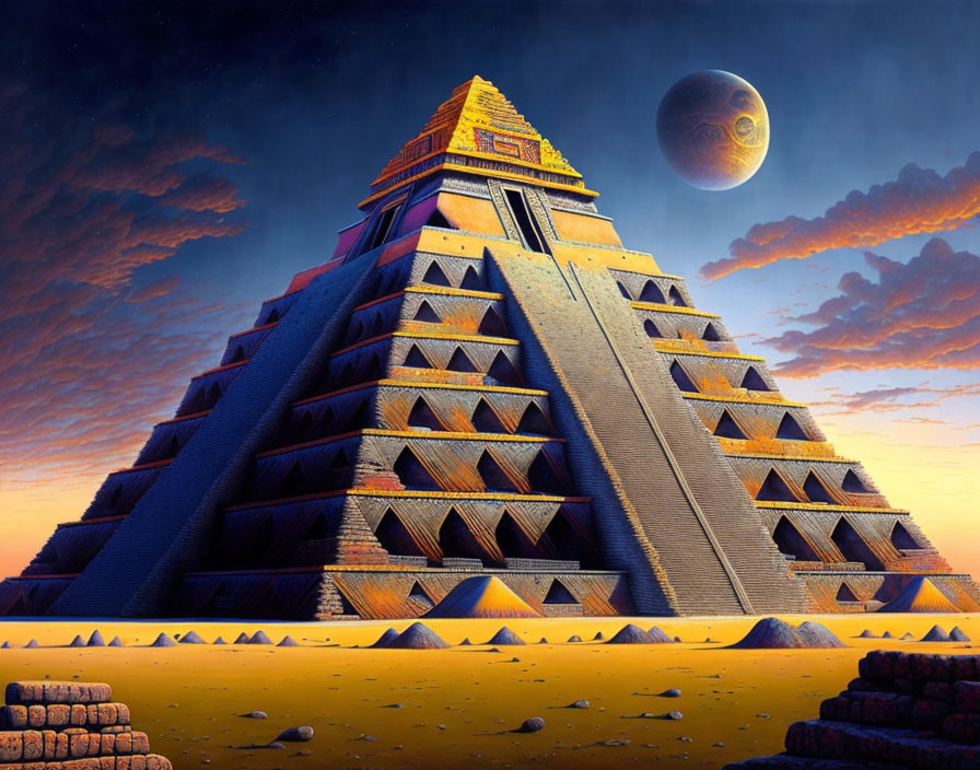 Surreal Mesoamerican Pyramid at Twilight Sky