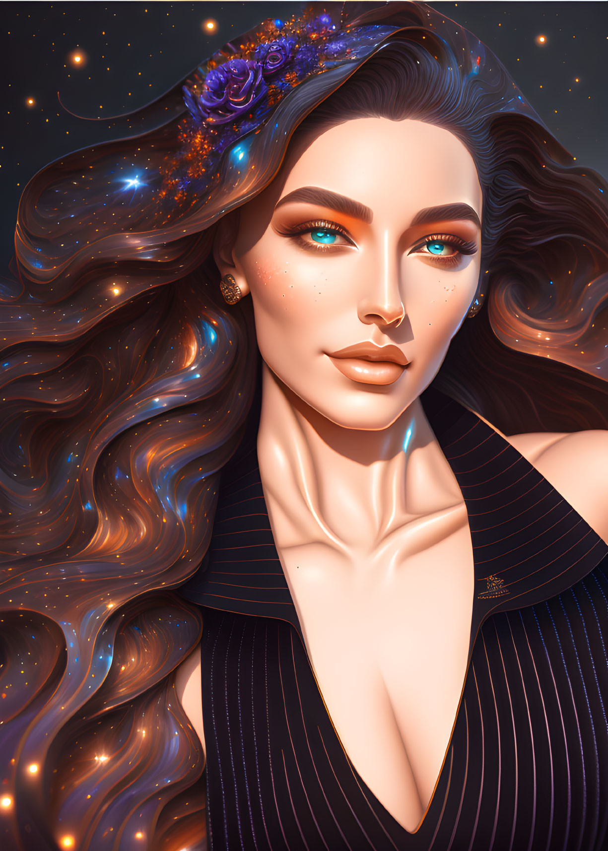 Cosmic-themed digital portrait of a woman with flowing hair