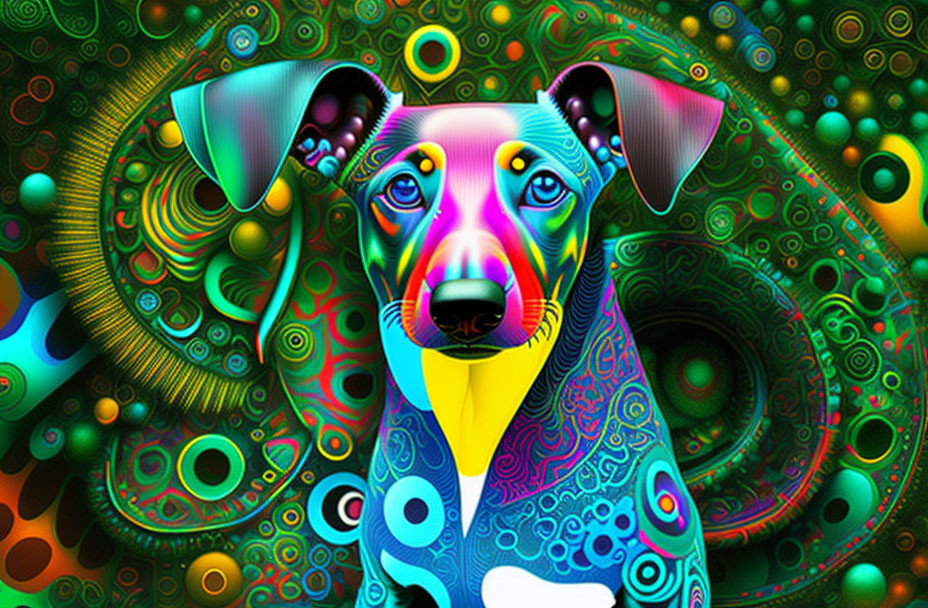 Colorful Dog Art with Psychedelic Fractal Background