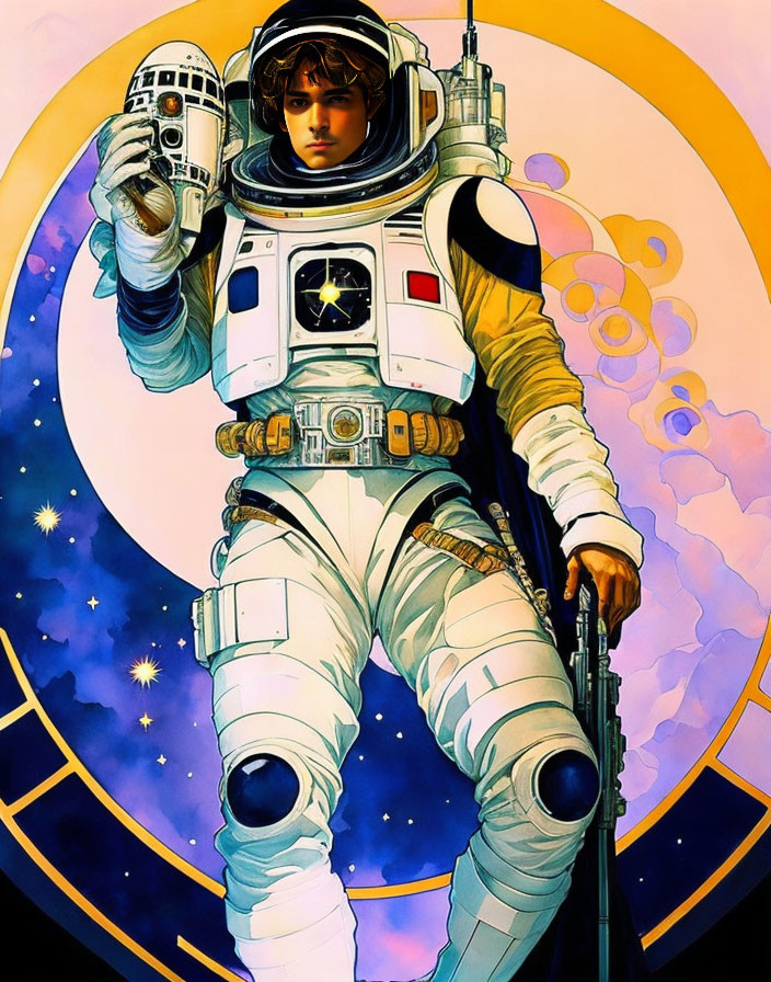 Astronaut in retro-futuristic suit with helmet and rifle, R2-D2, space