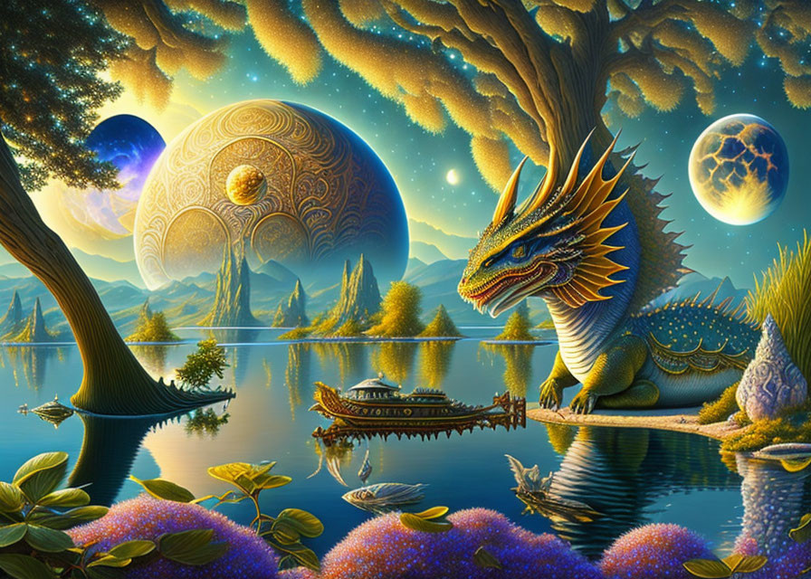 Majestic dragon by reflective lake in vibrant fantasy landscape