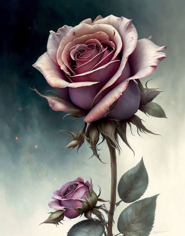 Detailed painting of two roses with dew drops in full bloom and budding against dark background.