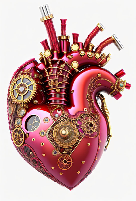 Intricate mechanical heart with gears and metallic details on white background