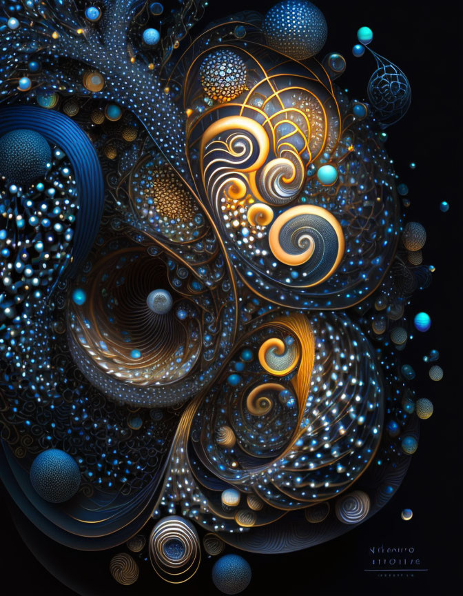 Cosmic fractal digital art: intricate swirling patterns in blue and gold on dark background