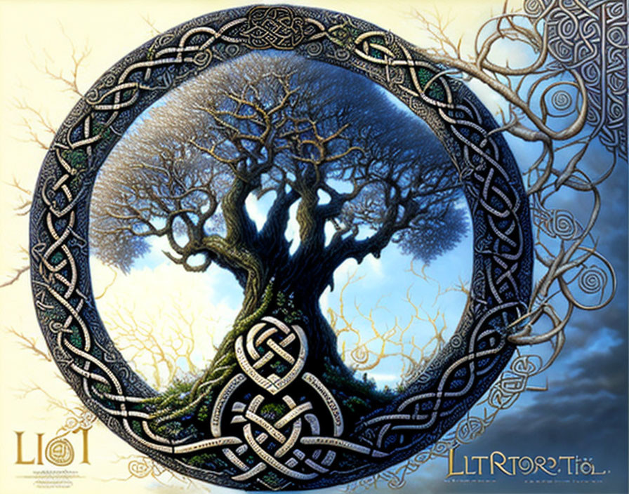 Fantastical tree with intricate branches in Celtic knot against twilight sky.