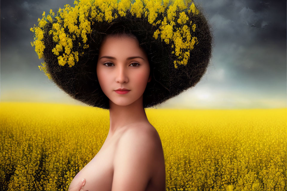 Woman with Afro-Shaped Tree in Yellow Flowering Field