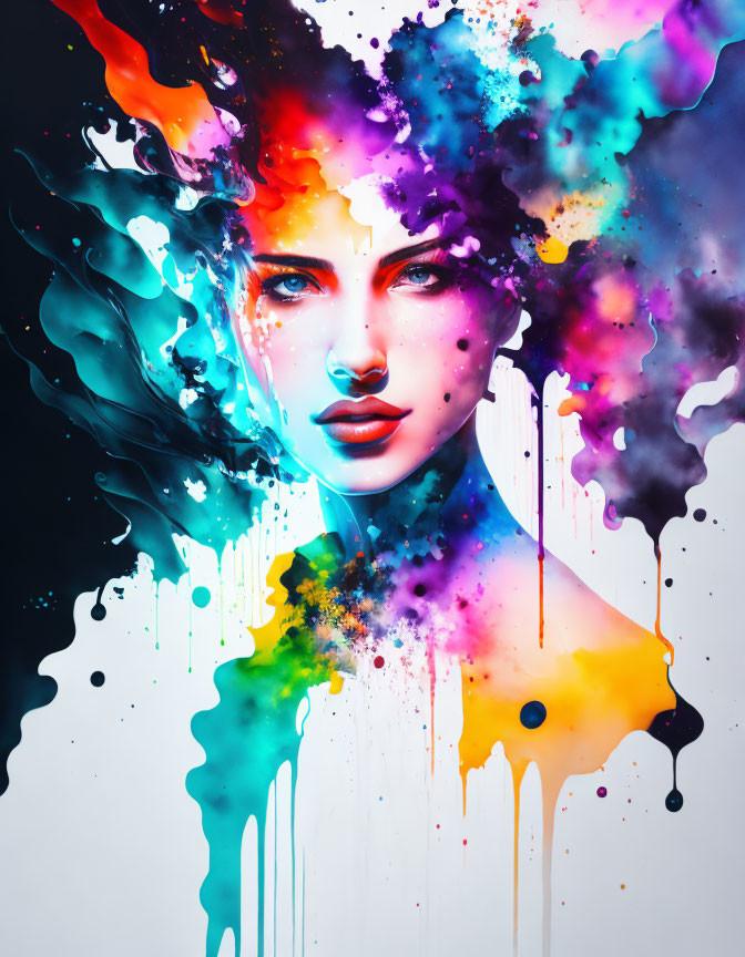 Colorful digital artwork: Woman's face merges with dynamic watercolor splashes