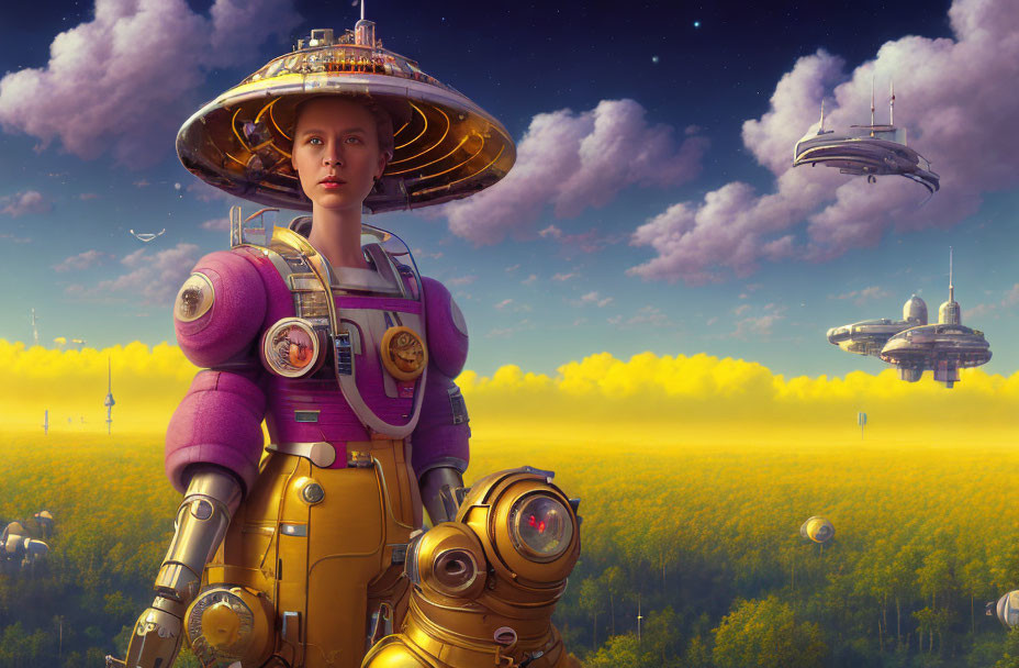 Futuristic female explorer in purple and yellow spacesuit with floating cities and ships above golden field