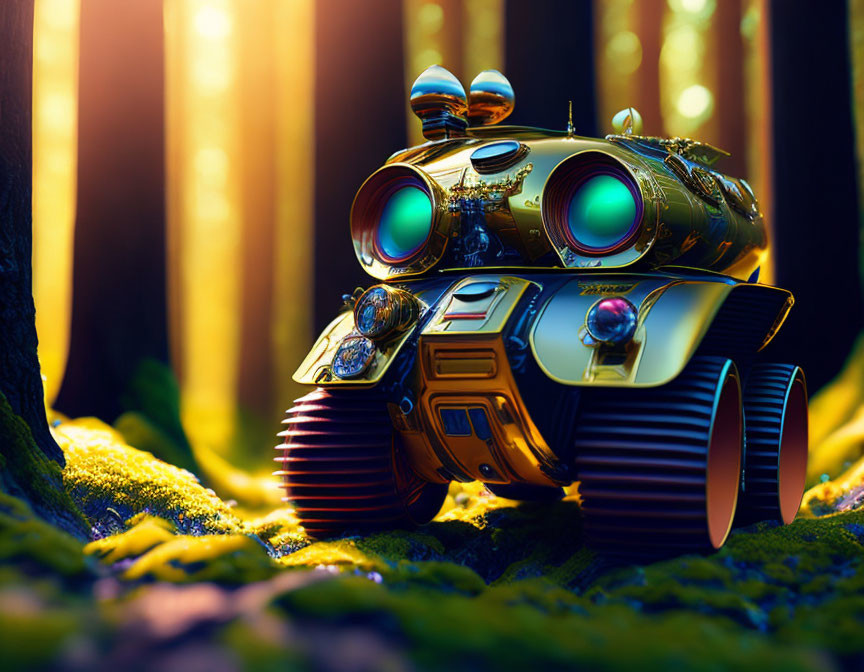 Futuristic robot with large blue eyes in forest with sunbeams