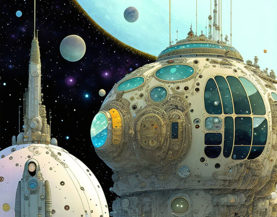 Futuristic space station with domes and antennas under starry sky