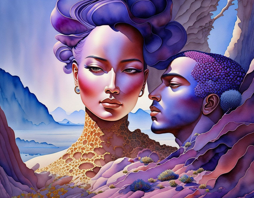 Colorful surreal portrait of a woman and man in a fantastical landscape