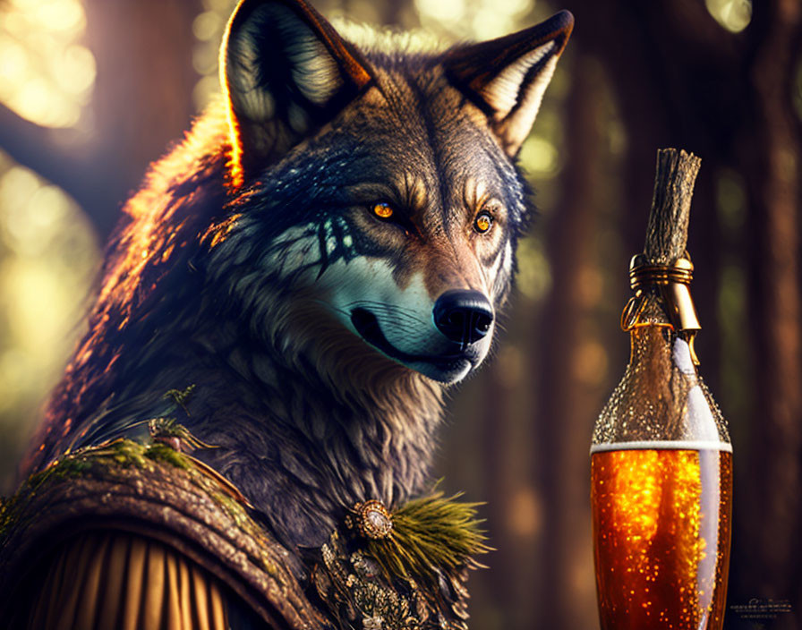 Anthropomorphic wolf in forest with blue facial markings, armor, and potion bottle