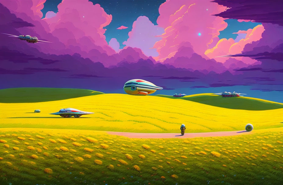 Futuristic sci-fi landscape with green hills, pink sky, flying vehicles, and figure in spaces