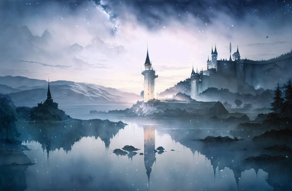 Misty fantasy landscape: Twilight castle on calm lake