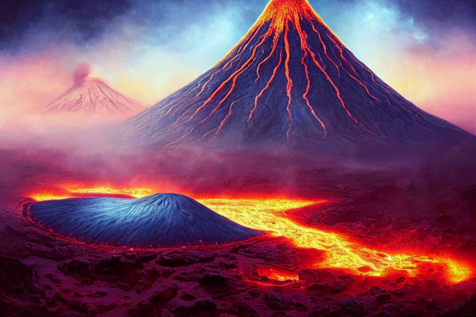 Erupting cone-shaped volcano with flowing lava at dusk