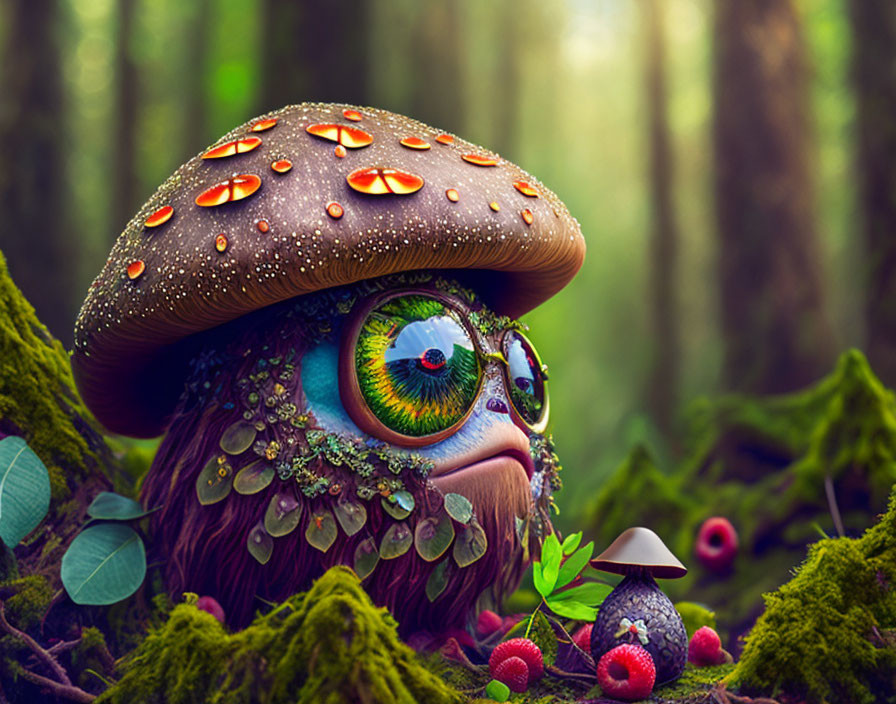 Colorful Mushroom Creature in Enchanted Forest Scene